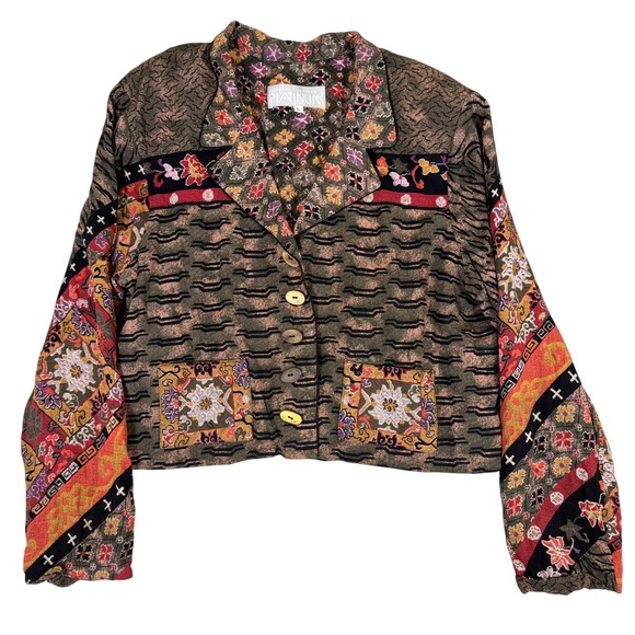 Dorothy Schoelen Platinum Jackets & Blazers - Dorothy Schoelen Platinum Cropped Jacket Large Mixed Print Artwear Vintage Style